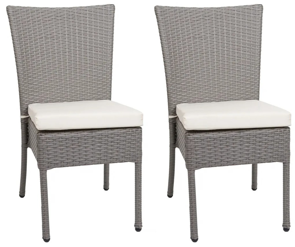 Set 2 záhradných stoličiek HWC-G19, polyratan, stohovateľná - sivý, krémový vankúš