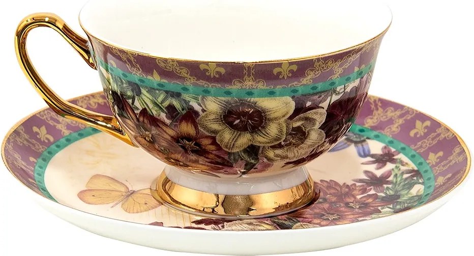 Porcelánová šálka s tanierikom s kvetmi a motýlikami - 12*10*6 cm / Ø 15*2 cm / 200 ml / Ř 15*2 cm / 200 ml