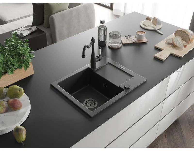 Mexen Enzo, granitový drez 576x465x174 mm, 1-komorový a drezová batéria Carla, čierna, 6506-77-670700-70-B