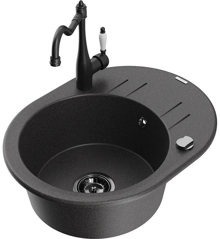 Mexen Kevin, drez granitový 586x458x190 mm, 1-komorový a drezová batéria Carla, čierna škvrnitá, 6517-76-670700-70-B