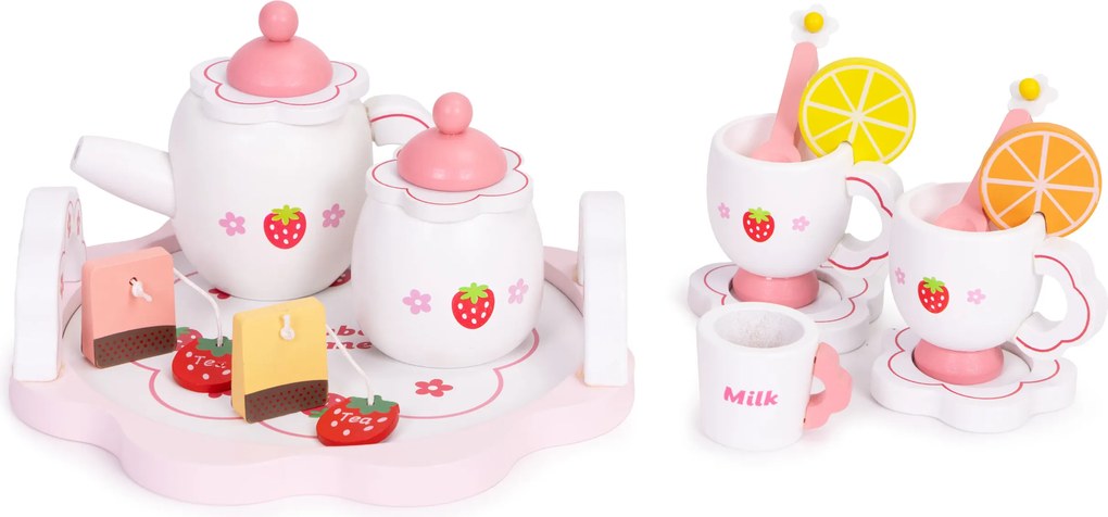 ECOTOYS Drevený čajový set hračka pre deti ECOTOYS, 14 dielov, jahodový motív, 3+