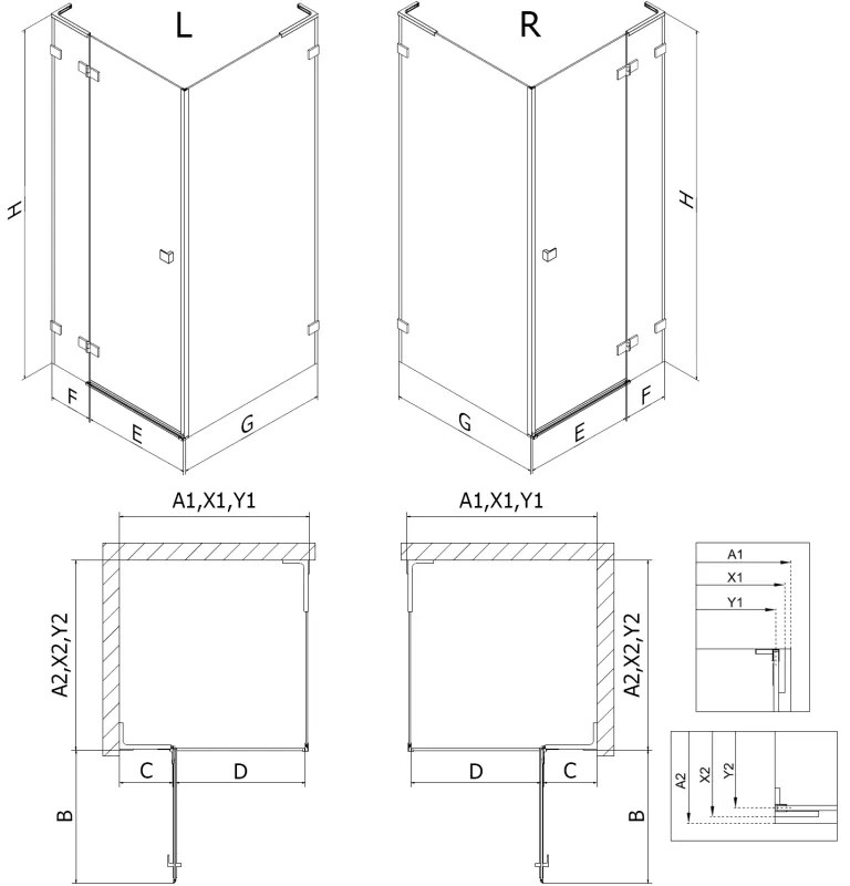 Mexen Lunar L, výklopný sprchový kút pravý 70 x 80 cm, 8mm číre sklo, ružové zlato profil, 834L-070-080-60-00-P