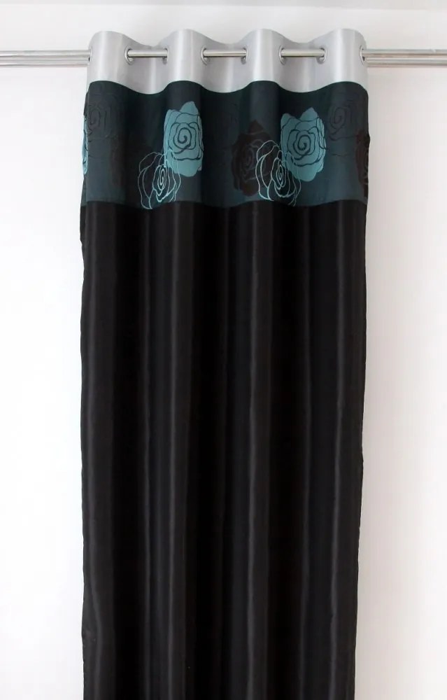 Čierny záves s tyrkysovými kvetmi Šírka: 140 cm | Dĺžka: 250 cm