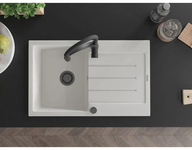 Mexen Bruno, 1-komorový granitový drez 795x495x200 mm a drezová batéria Aster, biela, 6513-20-73450-70-B