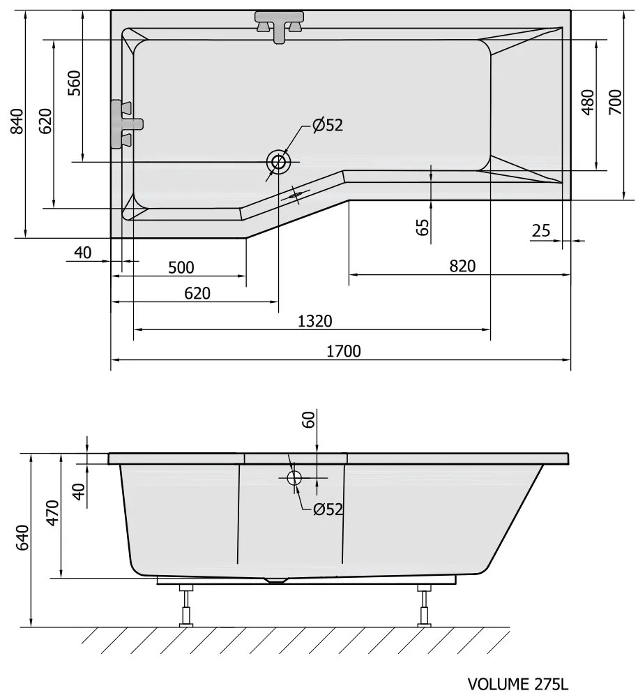 Polysan, VERSYS L asymetrická vaňa 170x84x70x47cm, biela, 70111