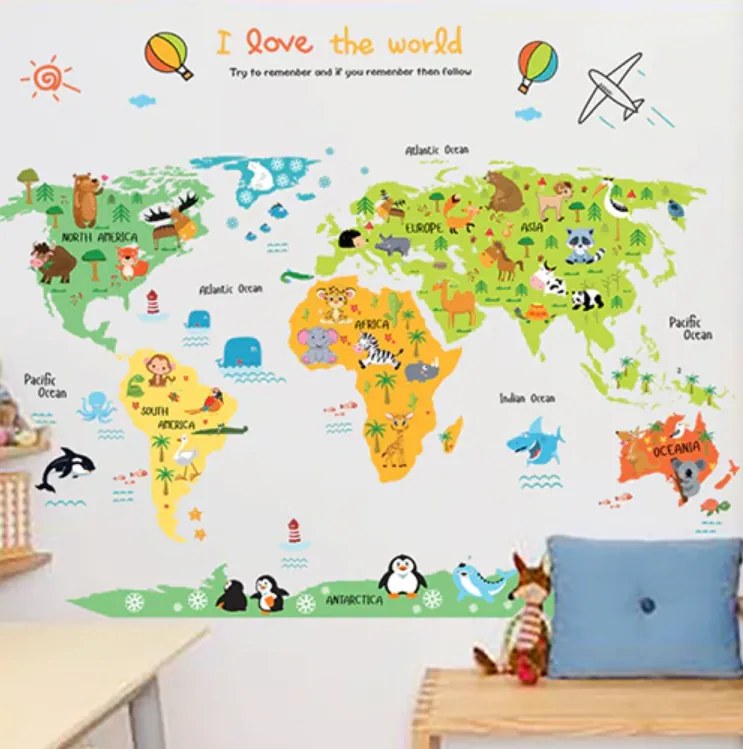 Veselá Stena Samolepka na stenu Detská farebná mapa Sveta