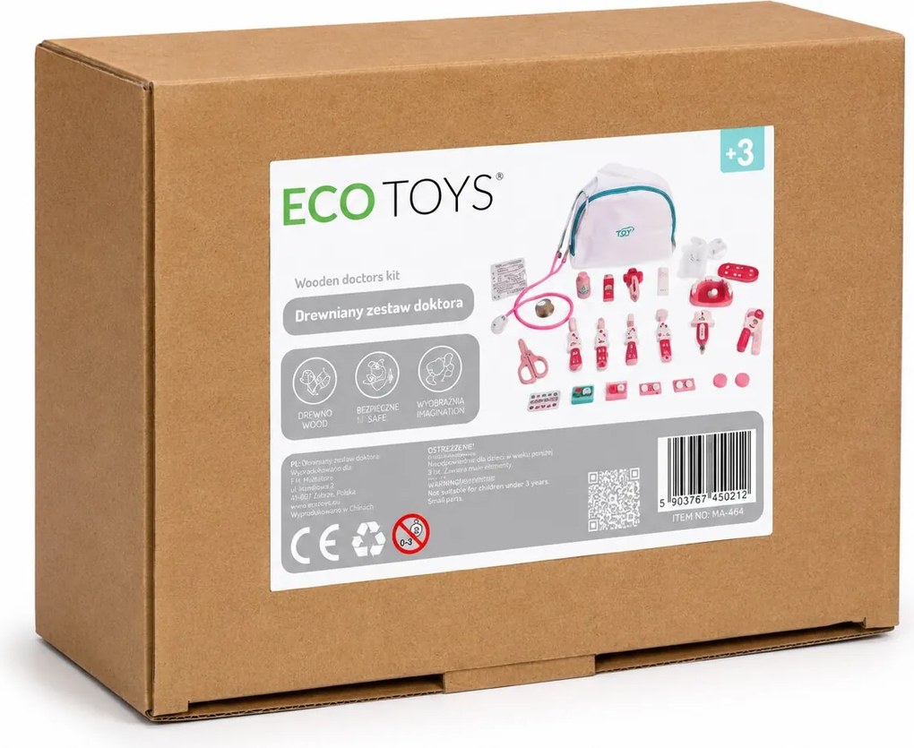 Drevený lekársky set ECOTOYS – lekárska taška, 26 dielov, hračka pre deti 3+