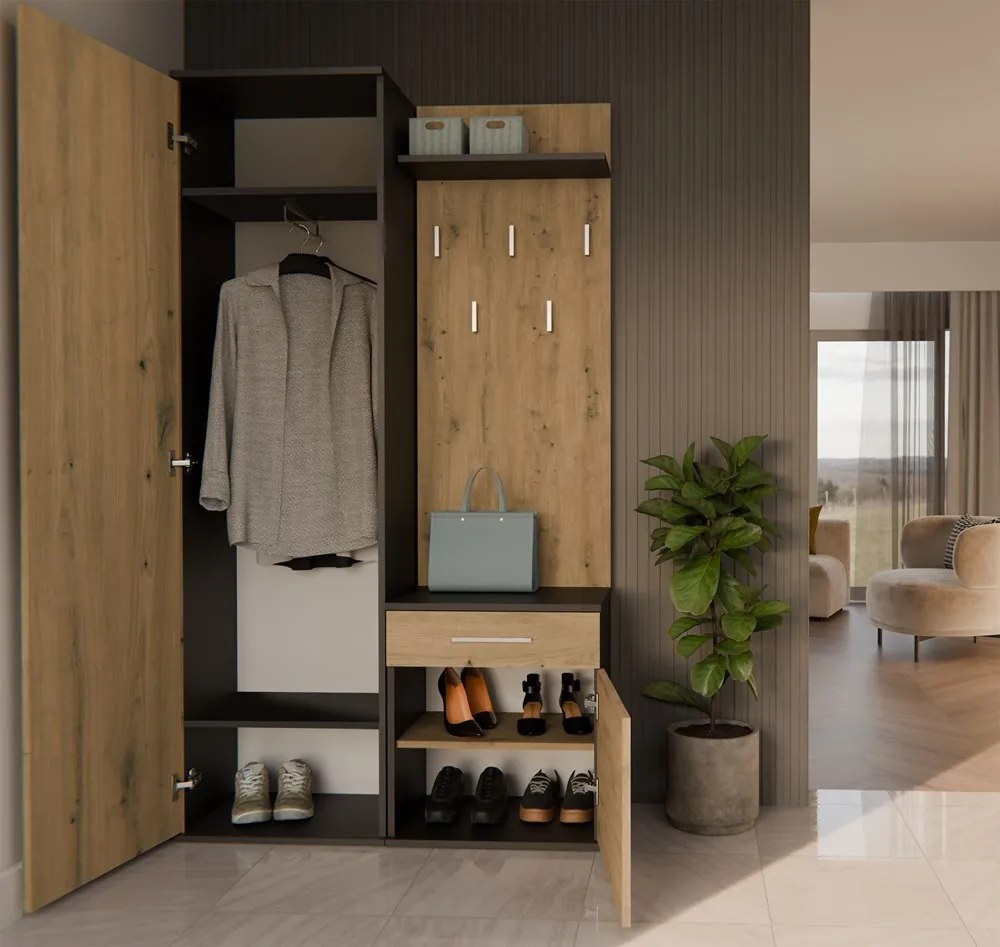 Predsieňová stena so zrkadlom a šuplíkmi DUO dub artisan/antracit