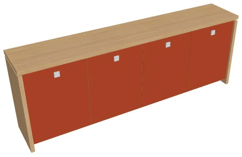 Nízka skriňa Verno 248 x 46 x 90 cm, sklenené dvere, dub svetlý / oranžová