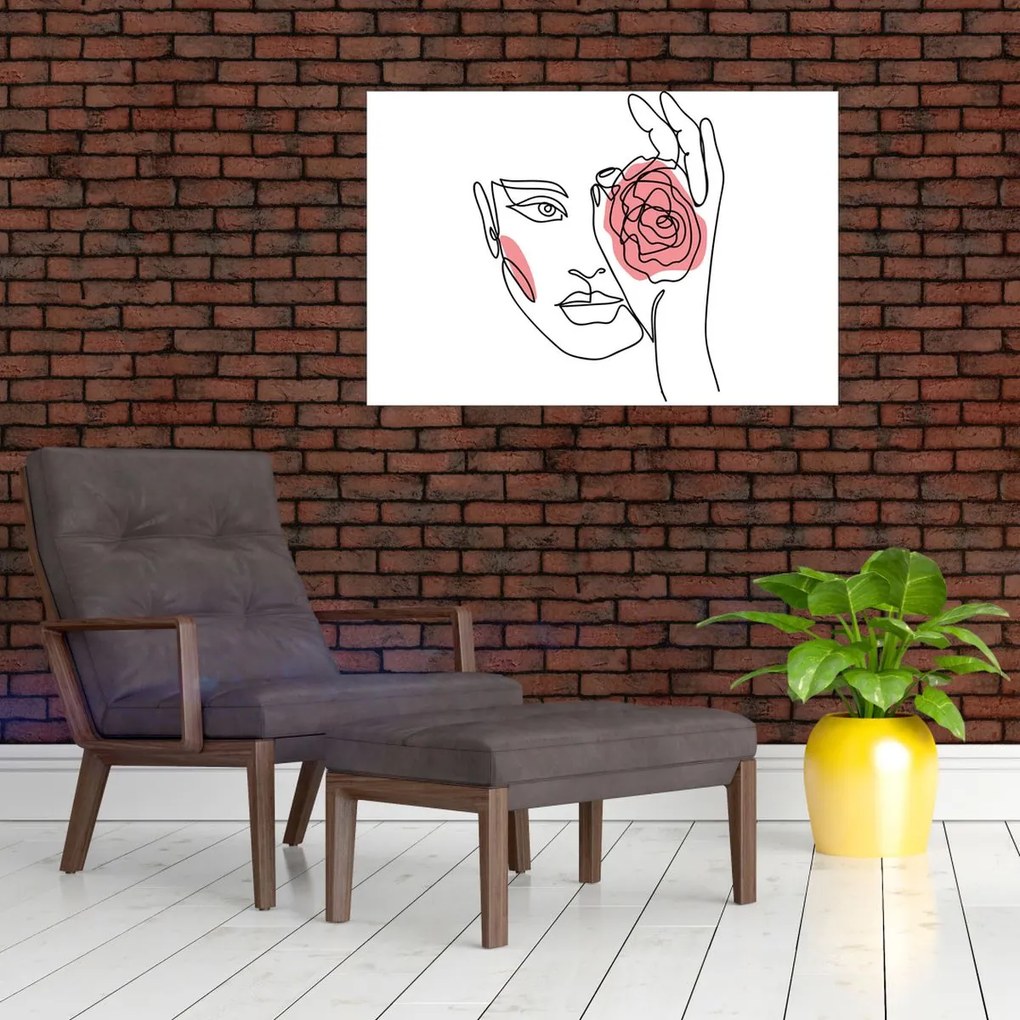 Obraz - Line art tvár s ružou (90x60 cm)
