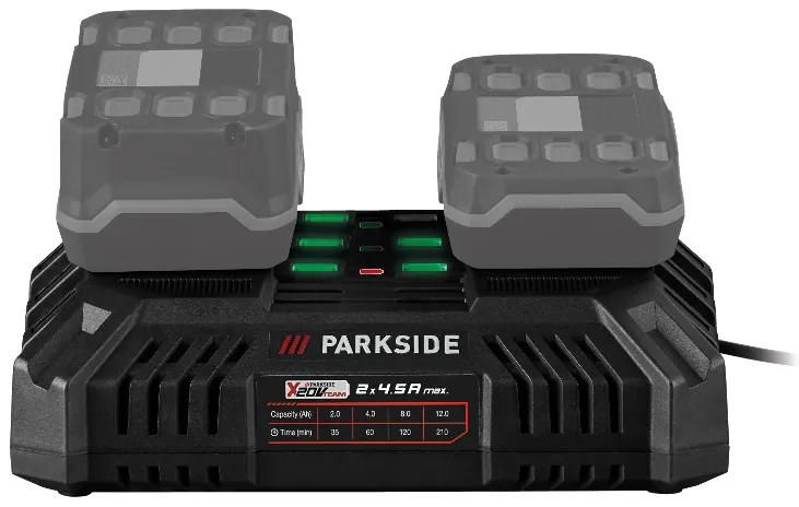 Parkside® Aku kosačka Prma 40-Li D2 + Dvojitá nabíjačka na akumulátor 20 V/4,5 A + Akumulátor 20 V 4 Ah, 2 kusy (800011498)