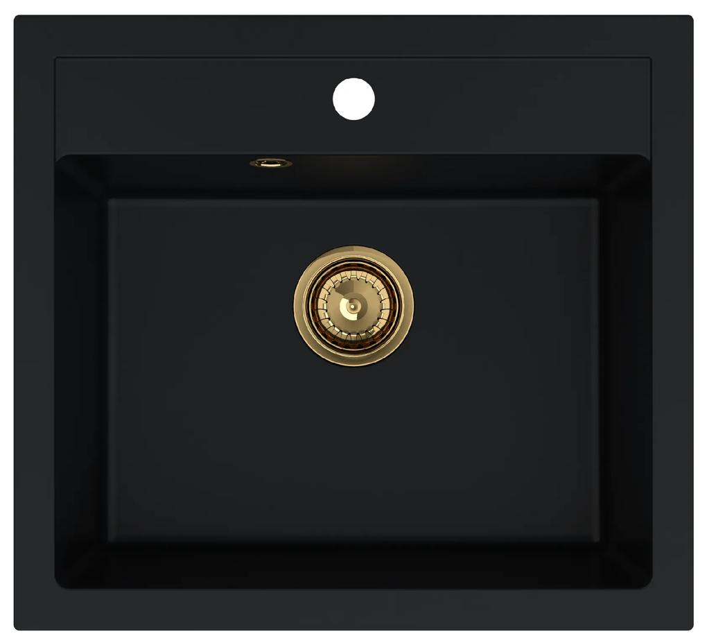 Sink Quality Ferrum, kuchynský granitový drez 565x510x205 mm + zlatý sifón, čierna, SKQ-FER.C.1K60.XG