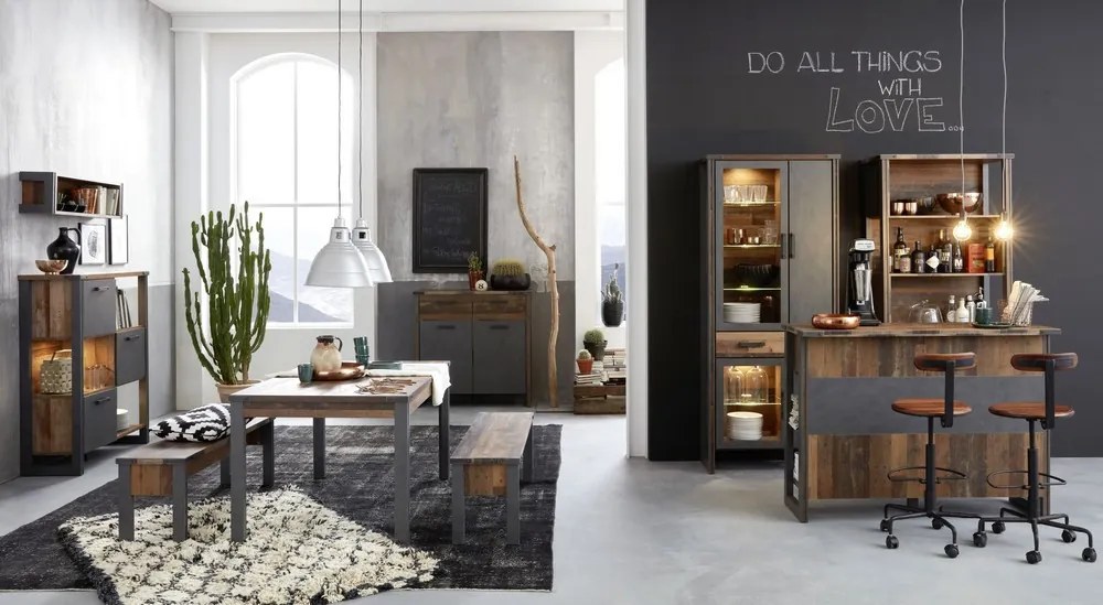 Vysoká vitrína Prime, vintage optika dreva