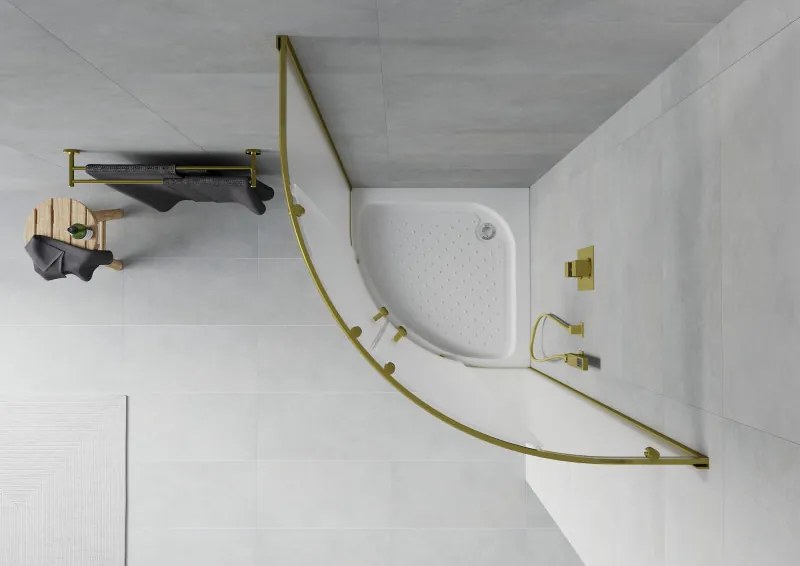 Mexen Rio, štvrťkruhový sprchovací kút s posuvnými dverami 90(dvere) x 90(dvere) x 190 cm, 6mm sklo námraza, zlatý profil + biela sprchová vanička RIO, 863-090-090-50-30-4710