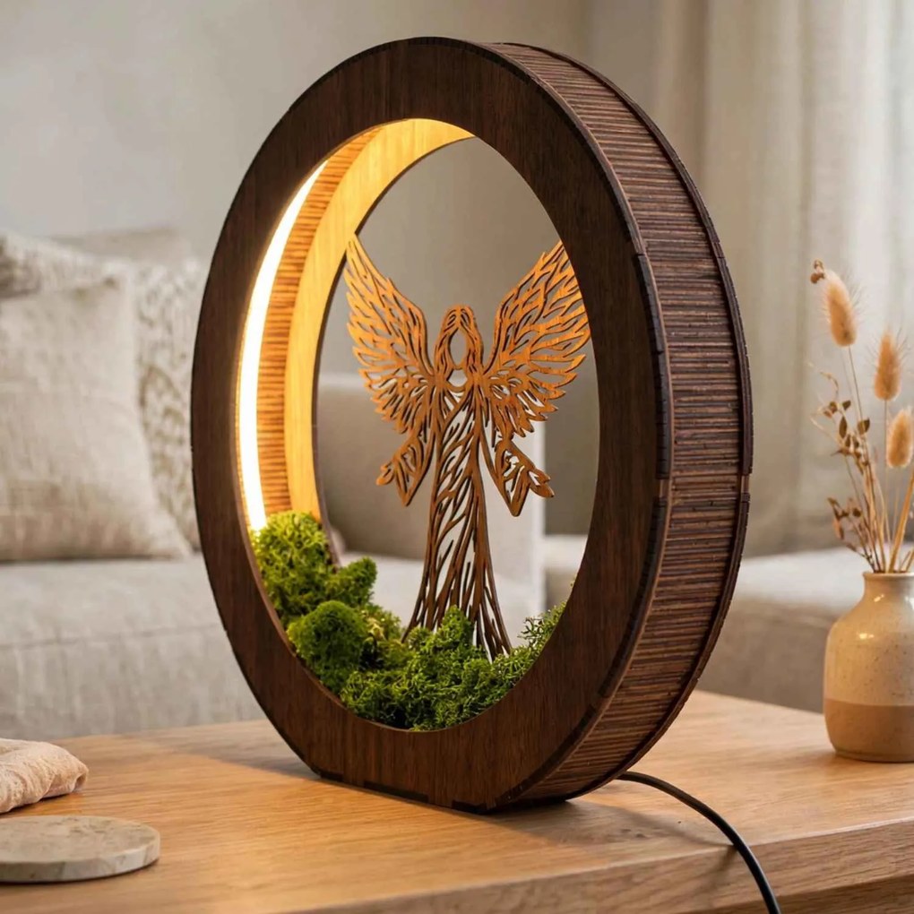 Drevená LED lampa Anjel svetla s machom | MICHAEL: HDF - Orech 20 cm 4778-115060 LED0606