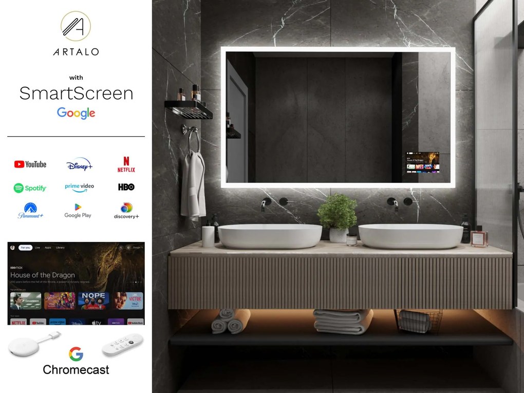 SMART Zrkadlo do kúpeľne s LED osvetlením M1 + SmartScreen with Google Chromecast