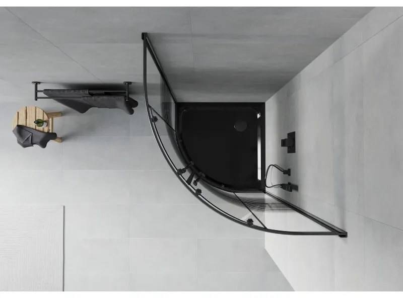 Mexen Rio, štvrťkruhový sprchovací kút s posuvnými dverami 90(dvere) x 90(dvere) x 190 cm, 6mm číre sklo s pásikmi, čierny profil + čierna sprchová vanička Slim, 863-090-090-70-20-4170B