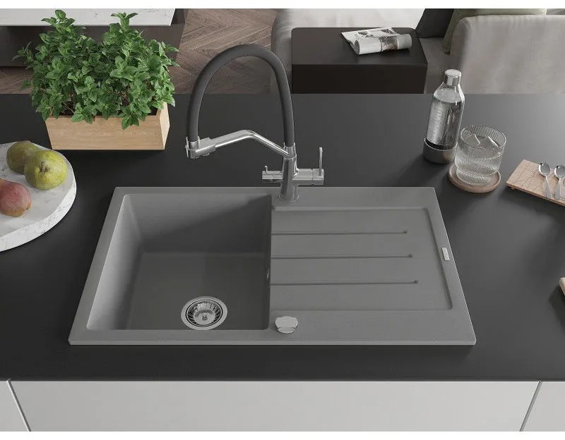 Mexen Bruno, 1-komorový granitový drez 795x495x200 mm a drezová batéria Duo, šedá, 6513-71-671701-07