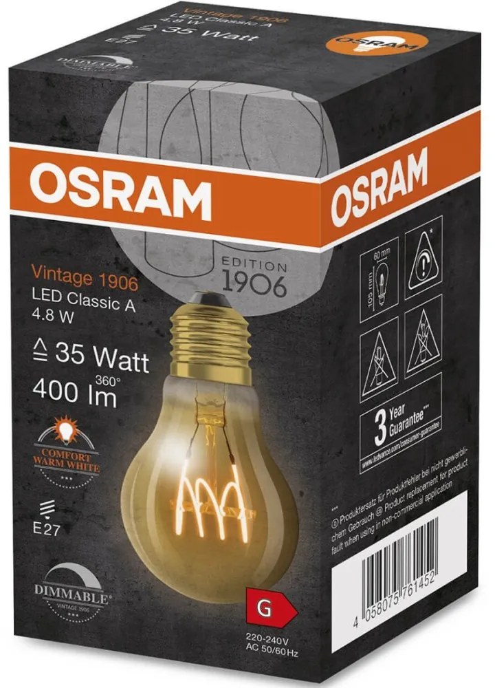 Dekoratívna LED žiarovka E27 A60 4,8W = 35W 400lm 2200K Warm 320° Filament Dimmable OSRAM Vintage 1906