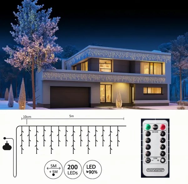 Vianočný LED svetelný dážď 10 m - teplá biela + ovládač