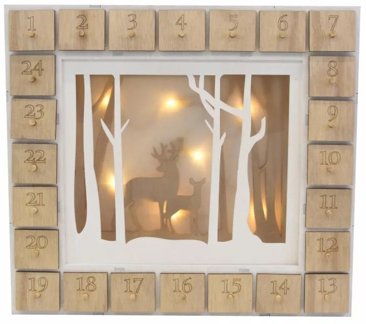 Drevený adventný kalendár s lesným motívom, 7 LED diód