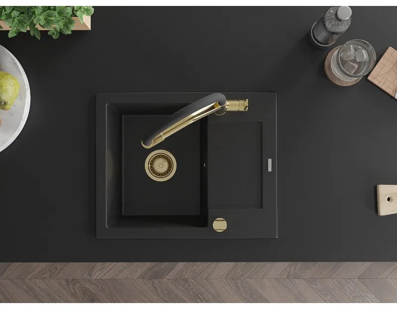 Mexen Enzo, granitový drez 576x465x174 mm, 1-komorový a drezová batéria Duo, čierna, 6506-77-671701-57-G