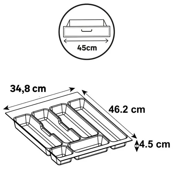 Vložka / príborník do 45 cm zásuvky - CUTLERY sivý plast 35 x 46 cm