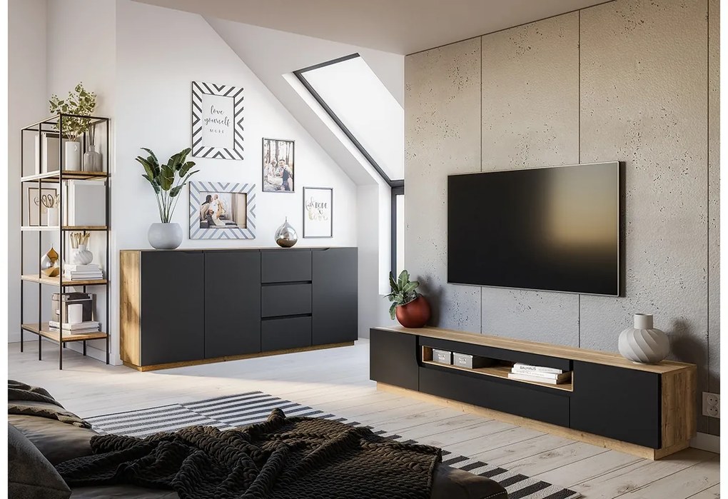 TV stolík Loftia 200 cm s otvorenou policou - dub artisan / čierny mat