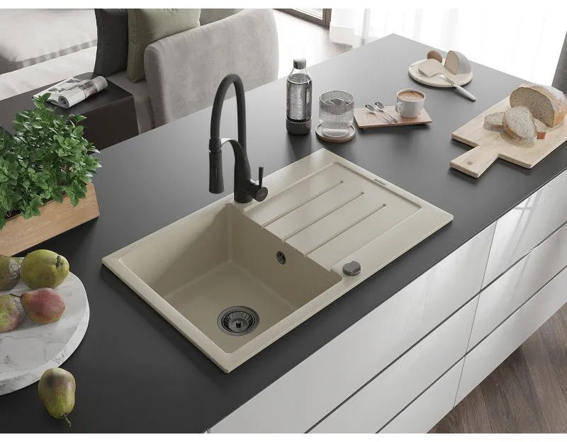 Mexen Bruno, 1-komorový granitový drez 795x495x200 mm a drezová batéria Aster, béžová, 6513-69-73450-70-B
