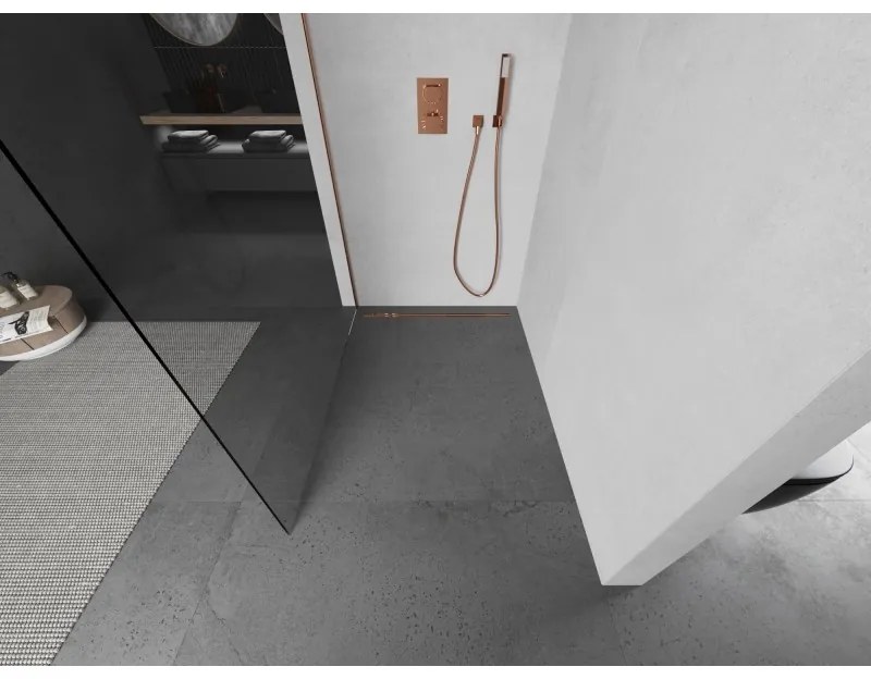 Mexen Kioto, sprchová zásteny typ Walk-In 110 x 200 cm, 8mm číre sklo, medený matný profil, 800-110-101-65-00