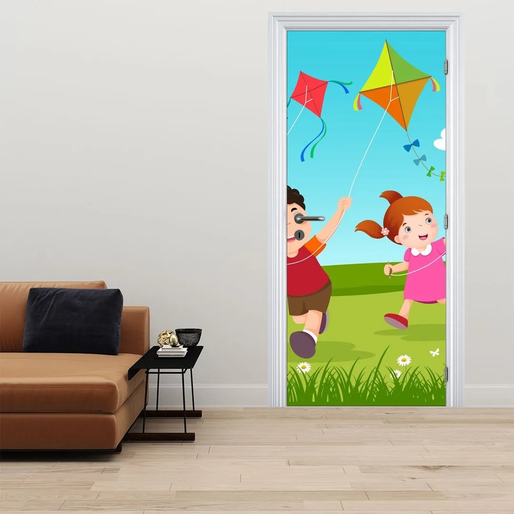 Fototapeta na dvere - Deti púšťajú draka (95x205cm)
