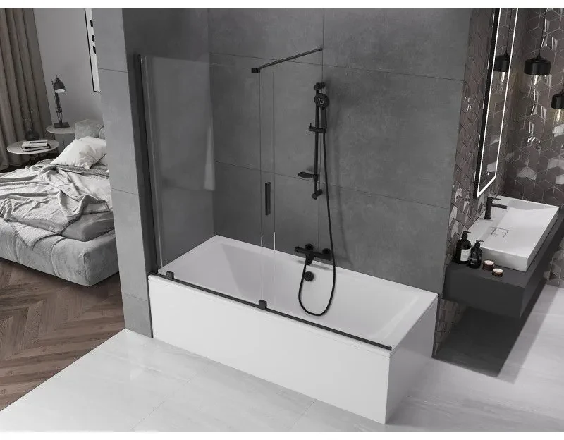 Mexen Velar, 2-krídlová posuvná vaňová zástena 180 x 150 cm, 8mm číre sklo, čierna matná, 896-180-000-01-70