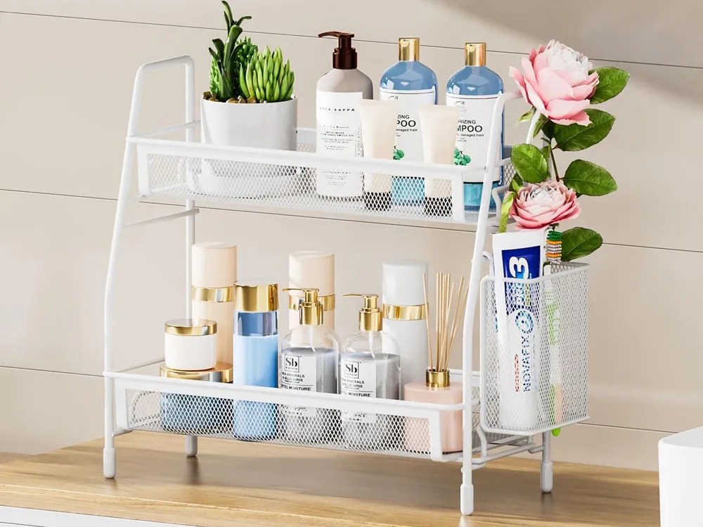 VERK GROUP Dvojposchodová polica, kovová s prídavným košíkom LOFT - biela, 36 x 17 x 32 cm