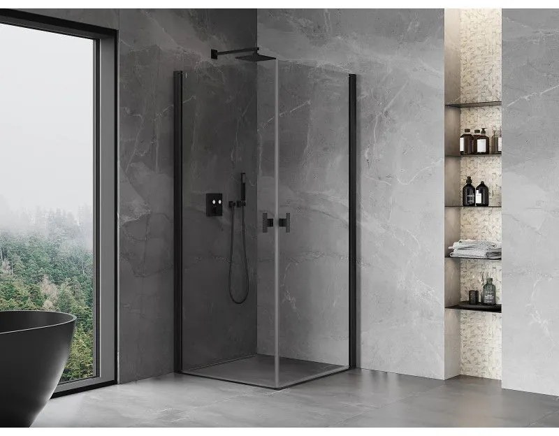Mexen Mist-B Duo, 2-krídlový výklopný sprchový kút 80 x 80 cm, číre sklo, čierny profil, 8A2-080-080-70-00