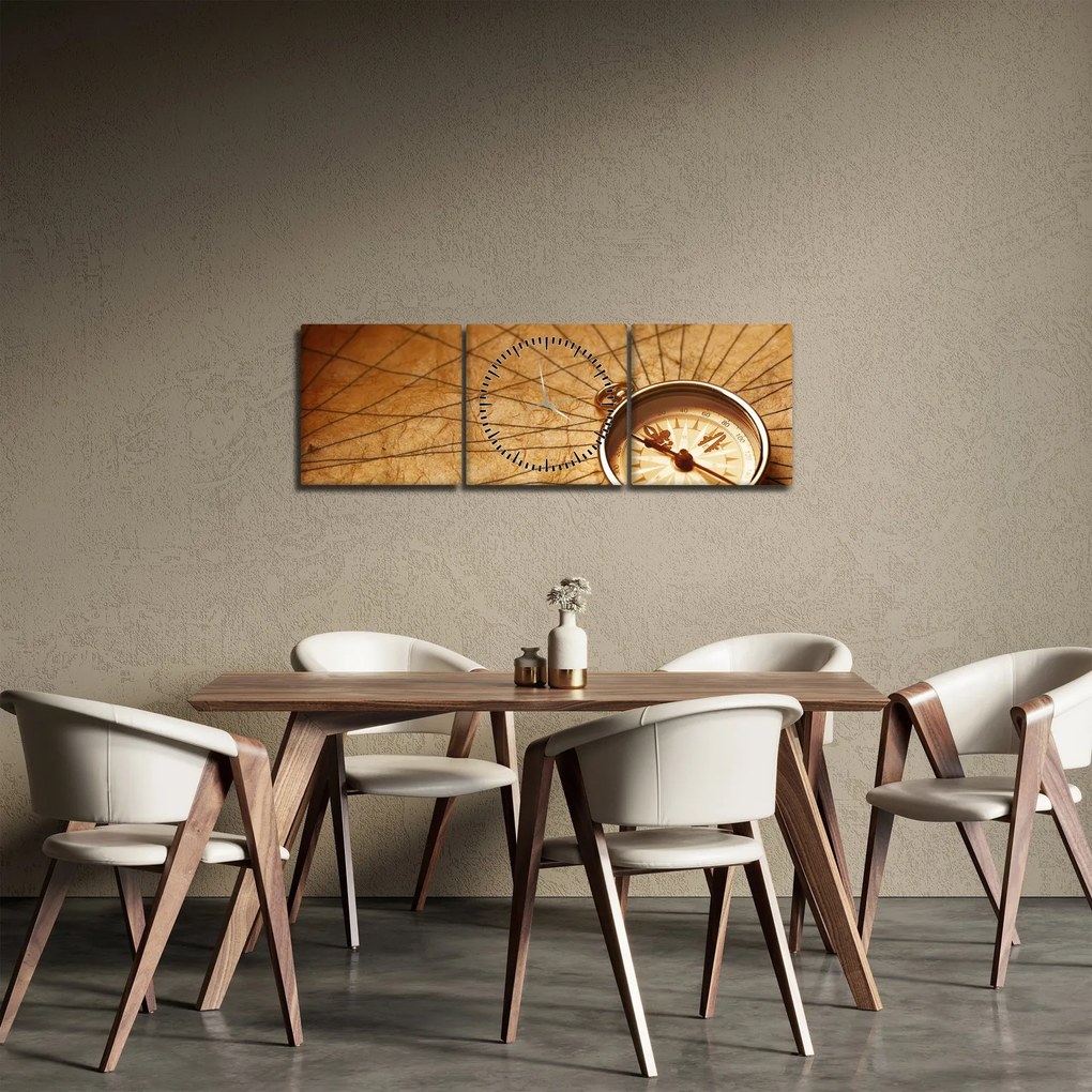 Obraz - Kompas (s hodinami) (90x30 cm)