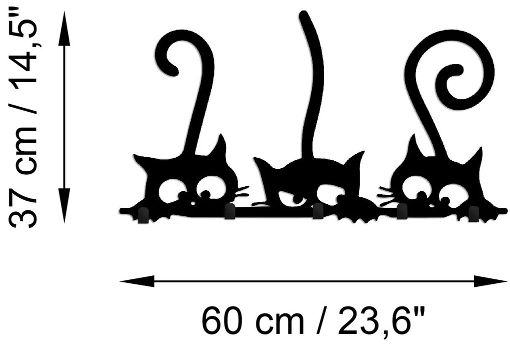 Nástěnný kovový věšák Cats 60 cm černý