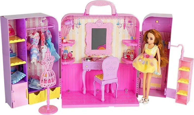 LEAN Toys Šatník so svetlom a zrkadlom, bábika 26 cm, sada oblečenia a doplnky