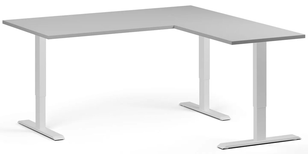 Rohový výškovo nastaviteľný stôl, 160x160 cm, 3 motory, L/P, biela podnož, sivá