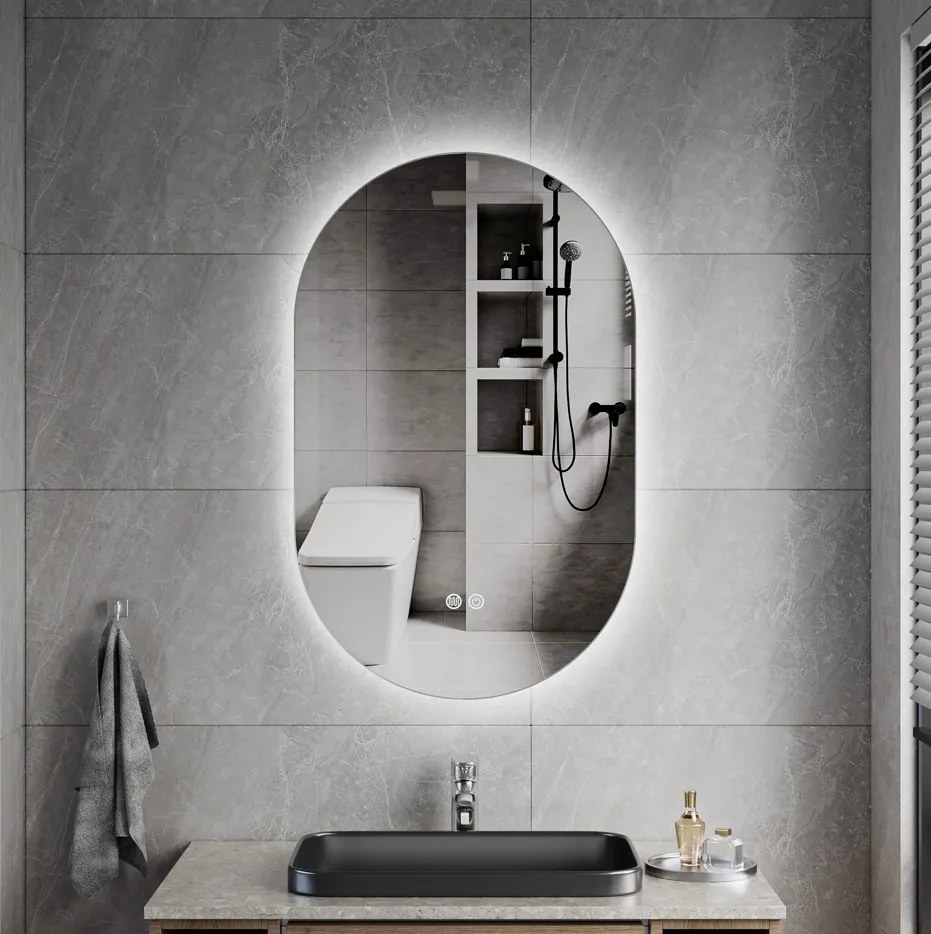 Erga Dalia, oválne LED zrkadlo 50x80cm, 3 farby svetla, zadné osvetlenie, vyhrievacia podložka proti zapareniu, ERG-V01-Dalia-5080-CL