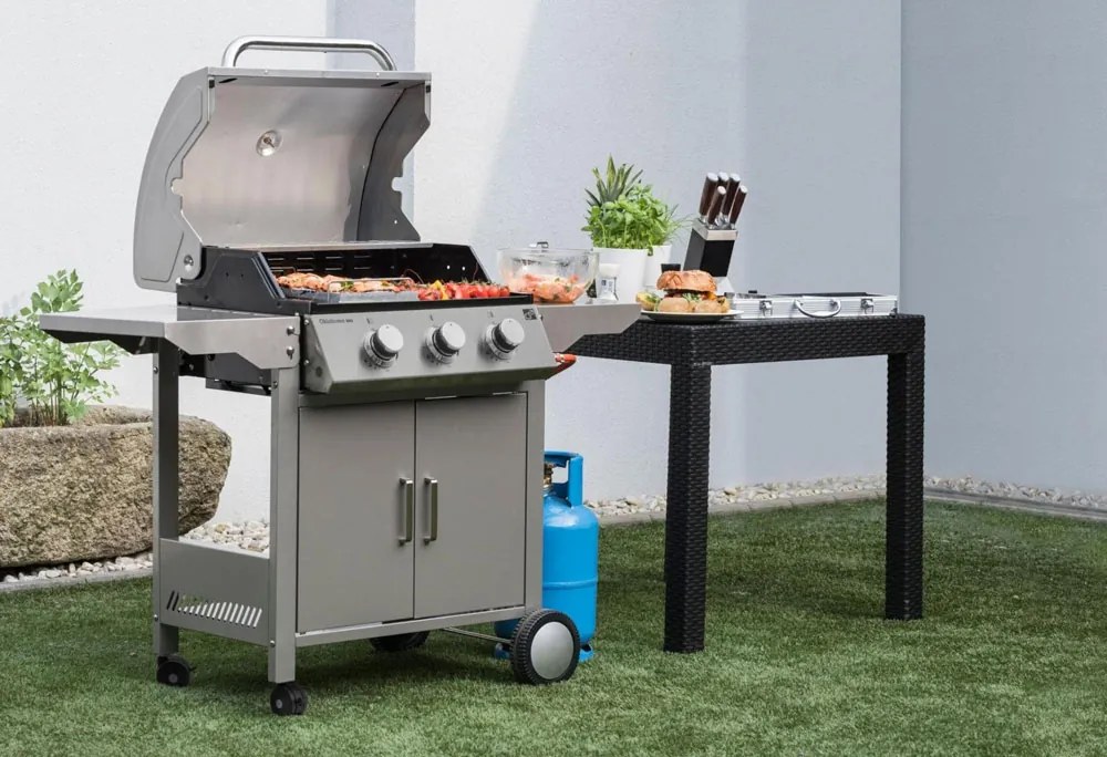 Plynový gril OKLAHOMA BBQ, 3 horáky, s redukčným ventilom, strieborná Penta CZ