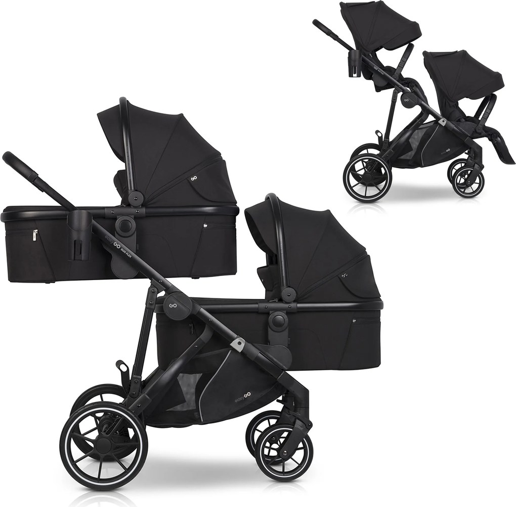 Súrodenecký kočík EasyGo Duoflex Ebony Black, 2 športové časti , 2 hlboké vaničky