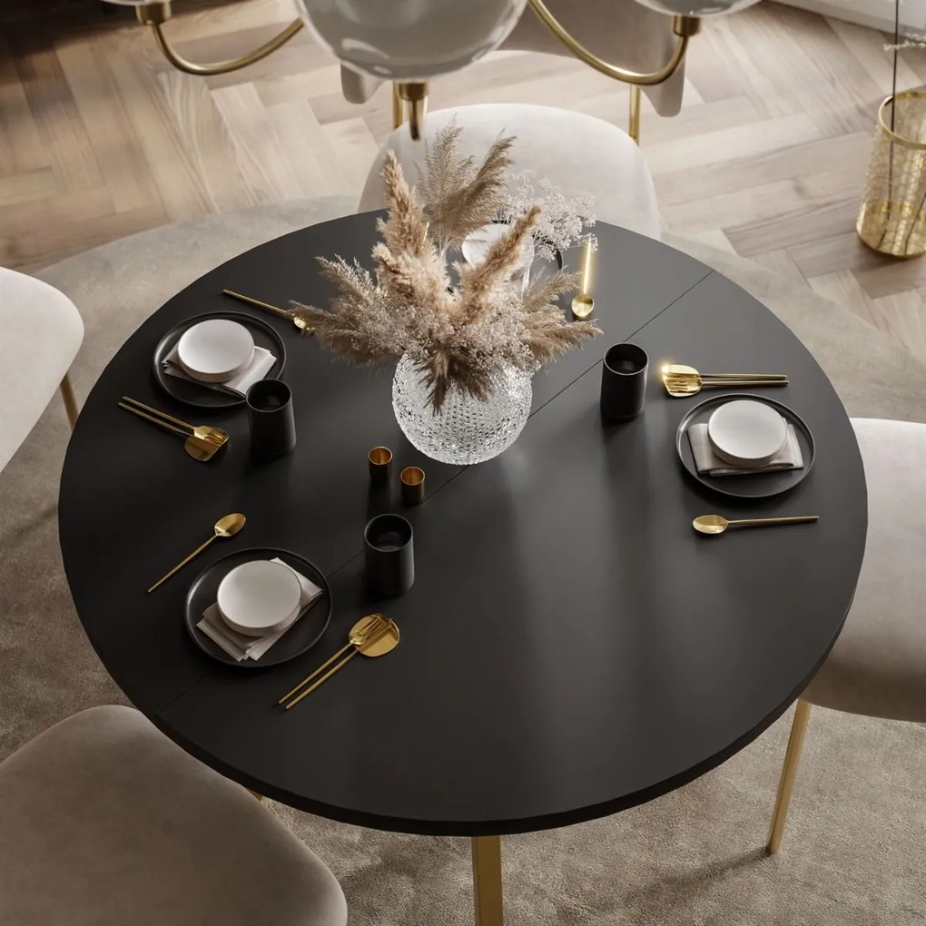 OKRÚHLY ROZKLADACÍ JEDÁLENSKÝ STÔL EWALD ČIERNY MATNÝ + ZLATÉ NOHY 100/140 cm