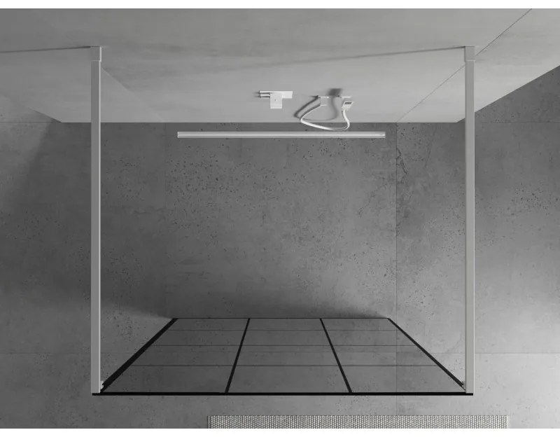 Mexen Kioto, priechodná sprchová zástena 110 x 200 cm, 8mm sklo číre/čierny vzor, 2x biela stabilizačná rozpera, 800-110-002-20-77