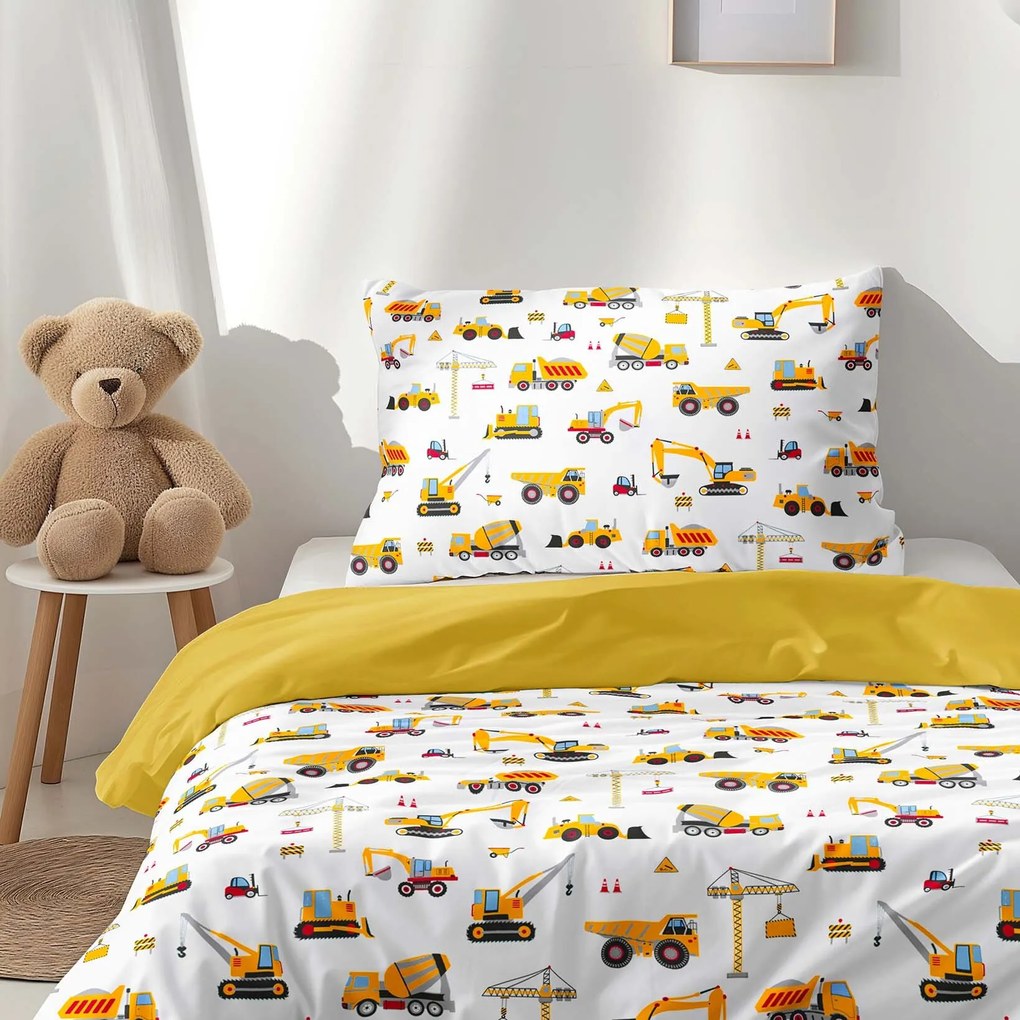 Goldea detské bavlnené obliečky duo - nákladné autá a bagre s medovo žltou 150 x 200 a 50 x 60 cm