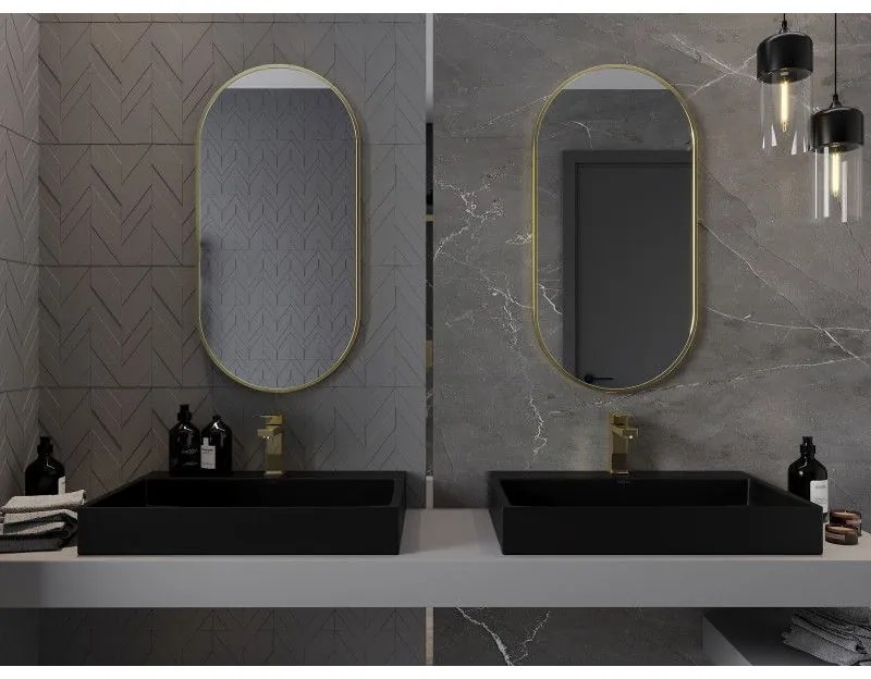 Mexen Loft, oválne kúpeľňové zrkadlo 90 x 45 cm, farba rámu zlatá lesklá, 9851-090-045-000-50