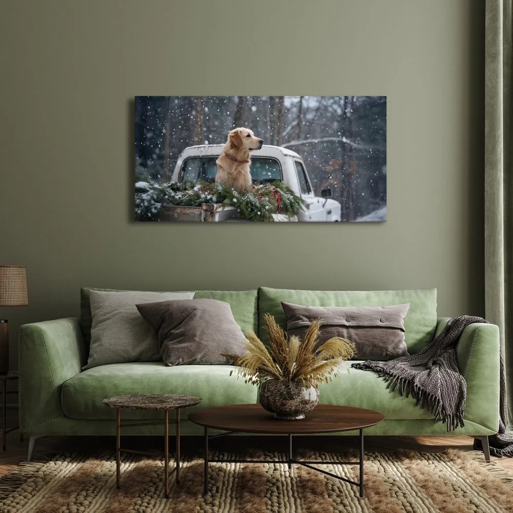 Vianočný obraz pes na korbe plnej ihličia