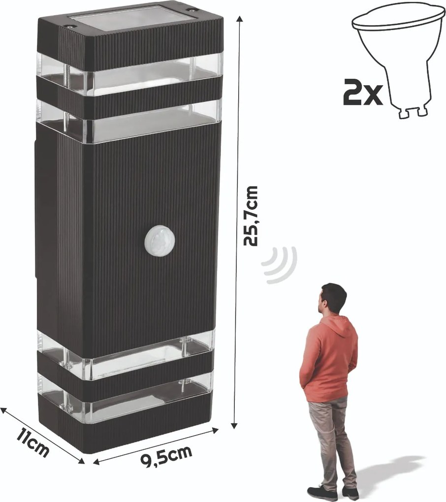 BERGE LED fasádne svietidlo 2xGU10 IP44 čierne so čidlom