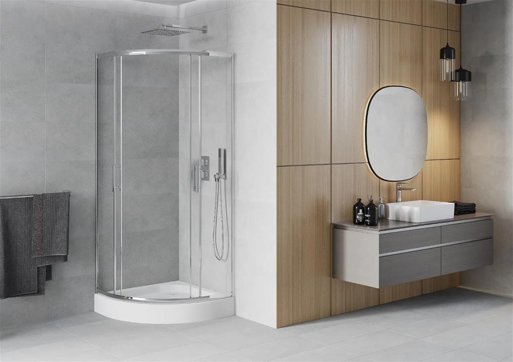 Mexen Rio, štvrťkruhový sprchovací kút s posuvnými dverami 90 x 90 cm, 5mm číre sklo, chrómový profil + biela vysoká sprchová vanička Rio, 863-090-090-01-00-4710