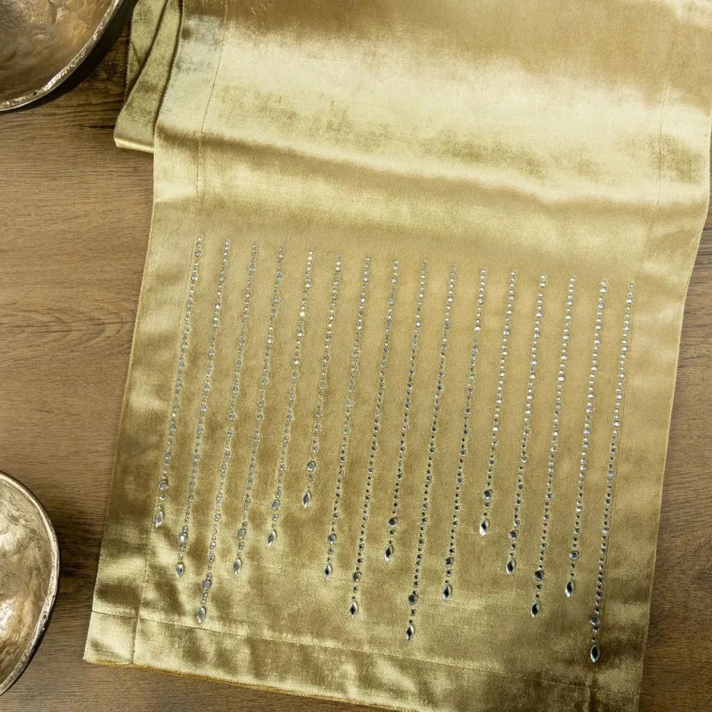 Luxusný zamatový stredový obrus v zlatej farbe s detailom kamienkov