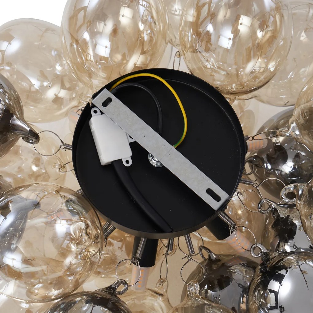 Dizajnové stropné svietidlo čierne s jantárovým a dymovým sklom 6 svetiel - Uvas